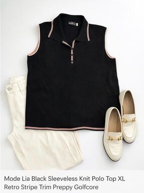 Mode Lia Black Sleeveless Knit Polo Top XL Retro Stripe Trim Preppy Golfcore